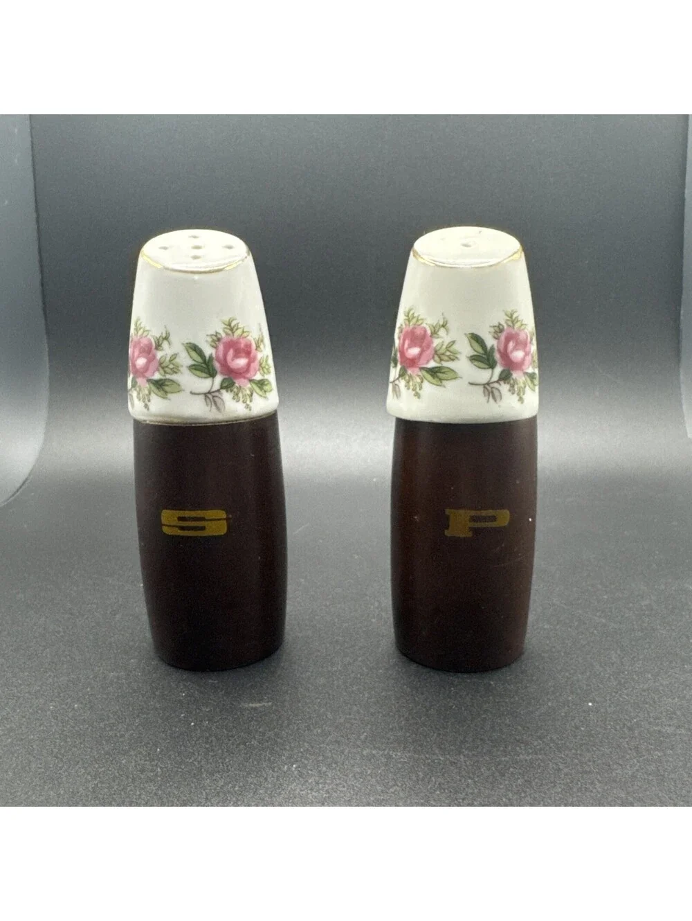 Vtg Nevco Teak Wood Floral Porcelain Salt & Pepper Shakers Mid Century Boho 4